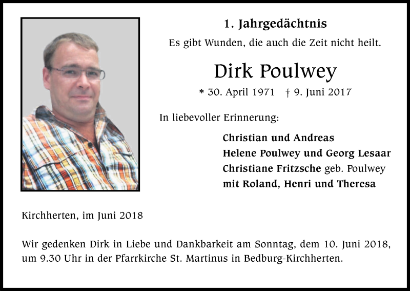  Traueranzeige für Dirk Poulwey vom 09.06.2018 aus Kölner Stadt-Anzeiger / Kölnische Rundschau / Express