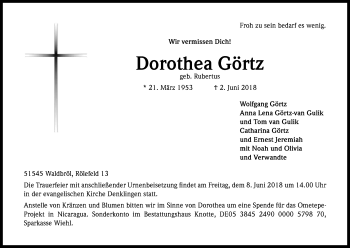Anzeige von Dorothea Görtz von Kölner Stadt-Anzeiger / Kölnische Rundschau / Express