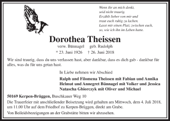 Anzeige von Dorothea Theissen von  Sonntags-Post 
