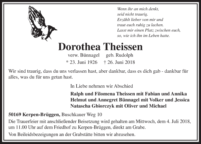  Traueranzeige für Dorothea Theissen vom 30.06.2018 aus  Sonntags-Post 