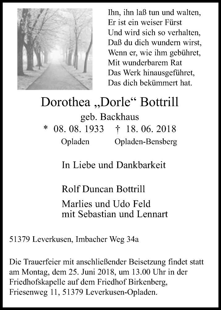  Traueranzeige für Dorothea Dorle Bottrill vom 21.06.2018 aus Kölner Stadt-Anzeiger / Kölnische Rundschau / Express