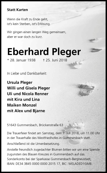 Anzeige von Eberhard Pleger von Kölner Stadt-Anzeiger / Kölnische Rundschau / Express