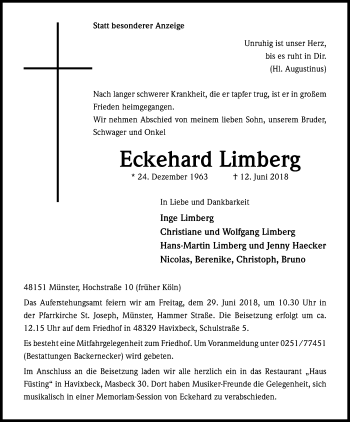 Anzeige von Eckehard Limberg von Kölner Stadt-Anzeiger / Kölnische Rundschau / Express
