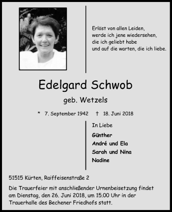 Anzeige von Edelgard Schwob von Kölner Stadt-Anzeiger / Kölnische Rundschau / Express