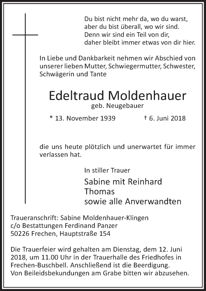  Traueranzeige für Edeltraud Moldenhauer vom 09.06.2018 aus  Sonntags-Post 