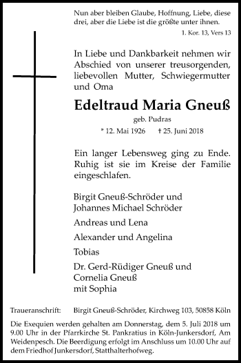 Anzeige von Edeltraud Maria Gneuß von Kölner Stadt-Anzeiger / Kölnische Rundschau / Express