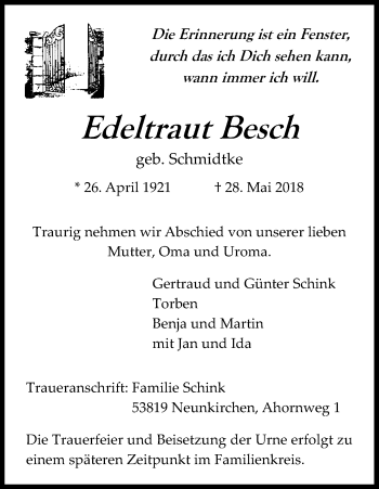 Anzeige von Edeltraut Besch von Kölner Stadt-Anzeiger / Kölnische Rundschau / Express