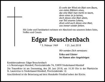 Anzeige von Edgar Reuschenbach von Kölner Stadt-Anzeiger / Kölnische Rundschau / Express