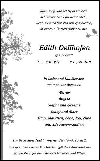 Anzeige von Edith Dellhofen von Kölner Stadt-Anzeiger / Kölnische Rundschau / Express