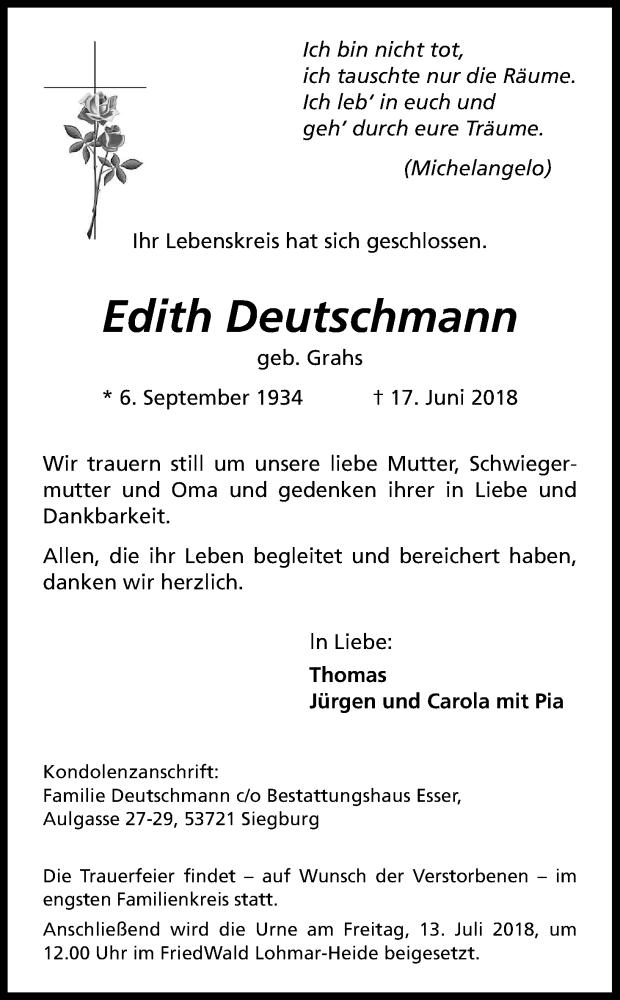  Traueranzeige für Edith Deutschmann vom 30.06.2018 aus Kölner Stadt-Anzeiger / Kölnische Rundschau / Express