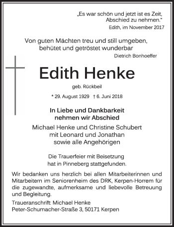 Anzeige von Edith Henke von  Sonntags-Post 