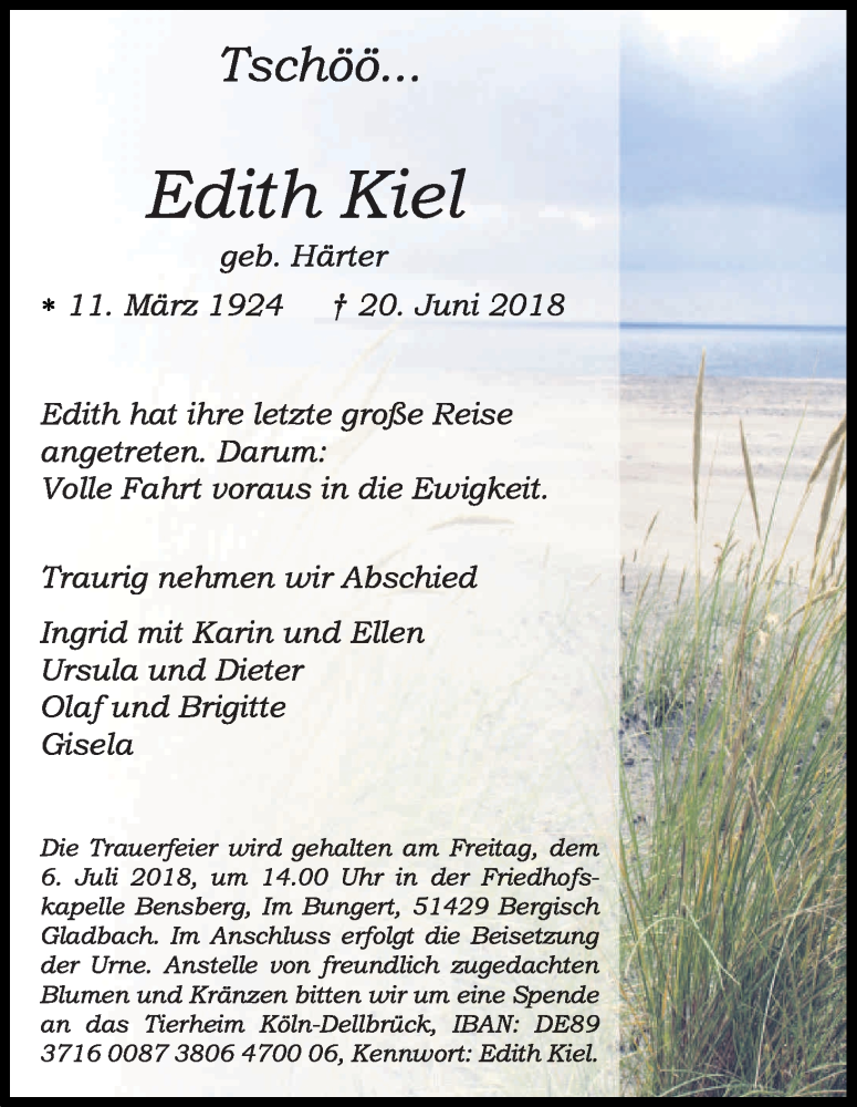  Traueranzeige für Edith Kiel vom 27.06.2018 aus Kölner Stadt-Anzeiger / Kölnische Rundschau / Express