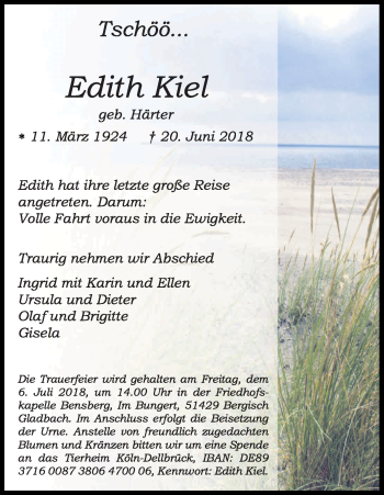 Anzeige von Edith Kiel von Kölner Stadt-Anzeiger / Kölnische Rundschau / Express