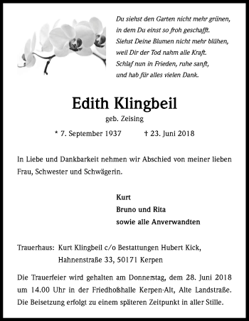 Anzeige von Edith Klingbeil von Kölner Stadt-Anzeiger / Kölnische Rundschau / Express
