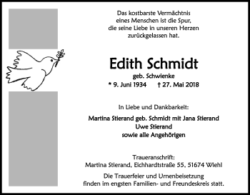 Anzeige von Edith Schmidt von Kölner Stadt-Anzeiger / Kölnische Rundschau / Express