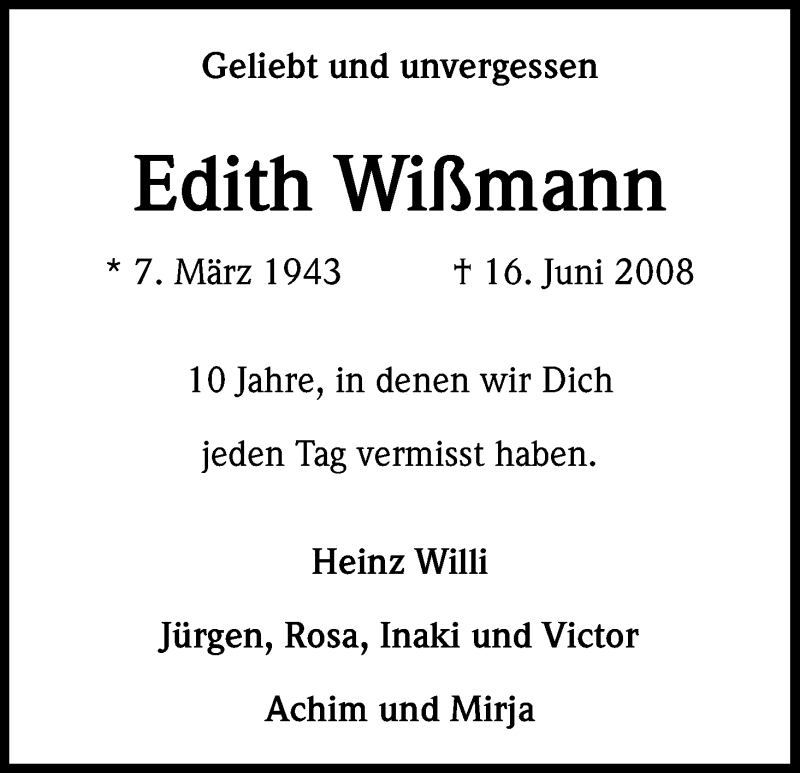  Traueranzeige für Edith Wißmann vom 16.06.2018 aus Kölner Stadt-Anzeiger / Kölnische Rundschau / Express