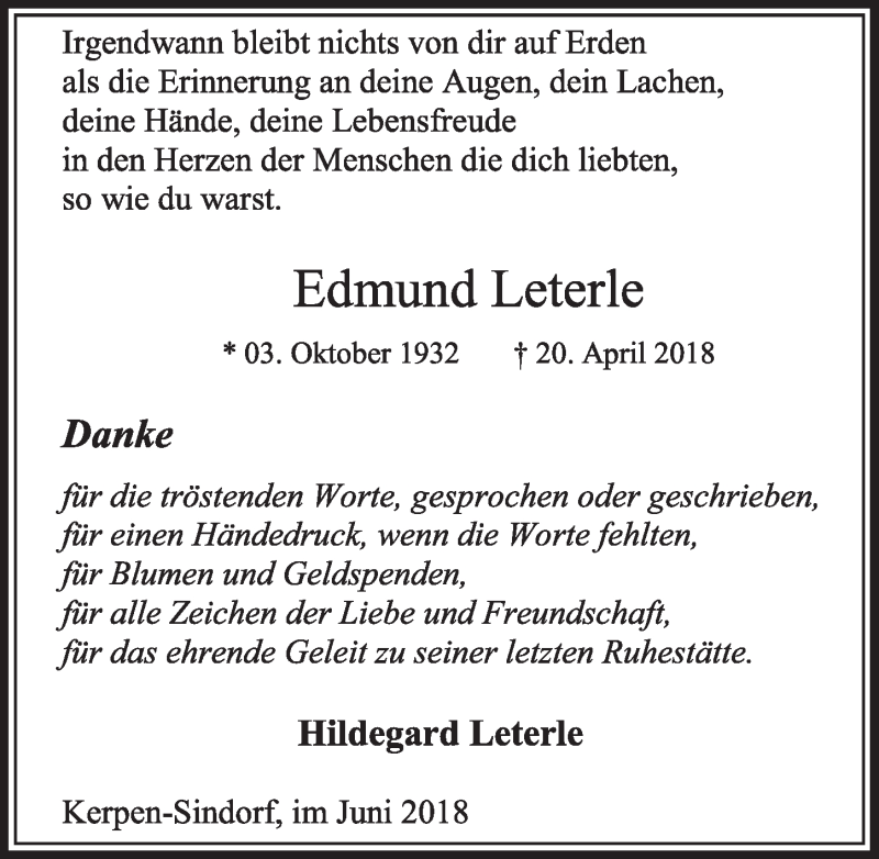  Traueranzeige für Edmund Leterle vom 02.06.2018 aus  Sonntags-Post 