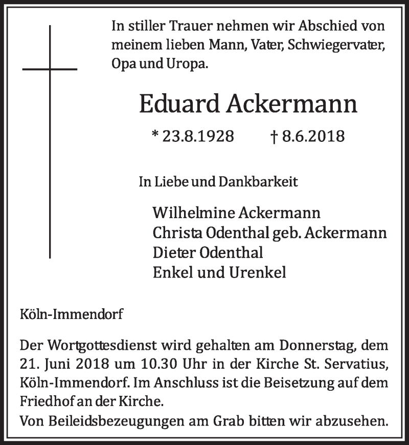  Traueranzeige für Eduard Ackermann vom 20.06.2018 aus  Kölner Wochenspiegel 
