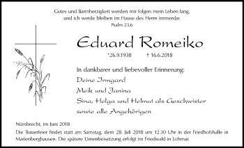 Anzeige von Eduard Romeiko von  Anzeigen Echo  Lokalanzeiger 
