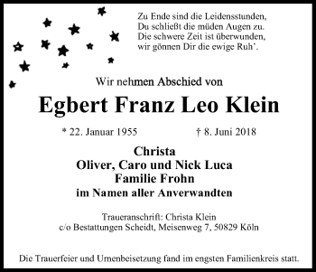 Anzeige von Egbert Franz Leo Klein von Kölner Stadt-Anzeiger / Kölnische Rundschau / Express