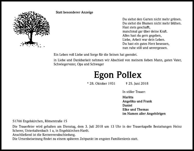  Traueranzeige für Egon Pollex vom 30.06.2018 aus Kölner Stadt-Anzeiger / Kölnische Rundschau / Express