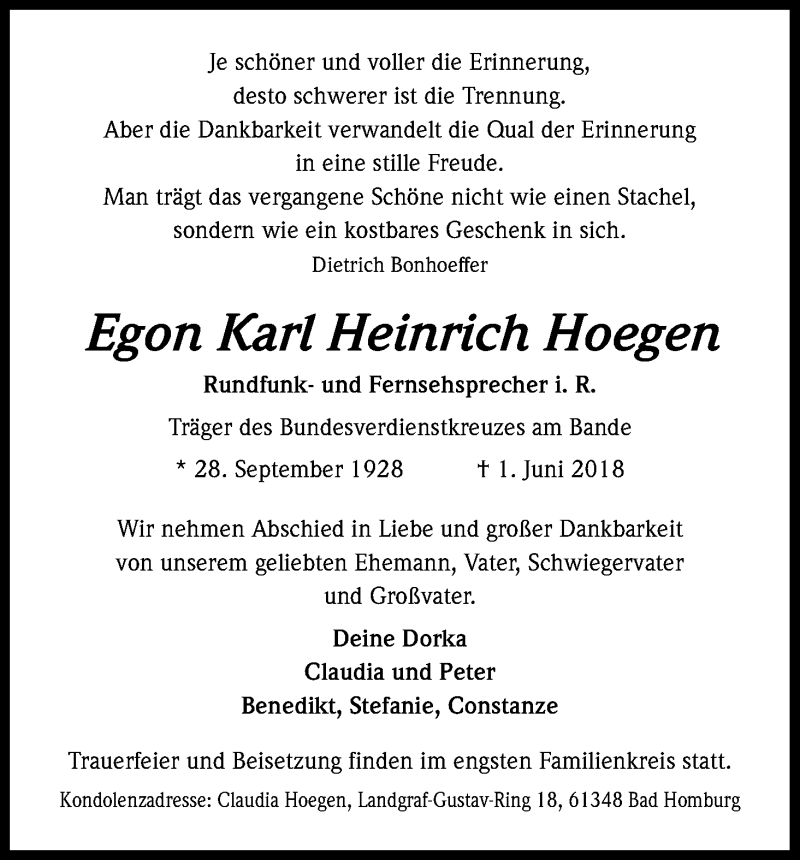  Traueranzeige für Egon Karl Heinrich Hoegen vom 09.06.2018 aus Kölner Stadt-Anzeiger / Kölnische Rundschau / Express