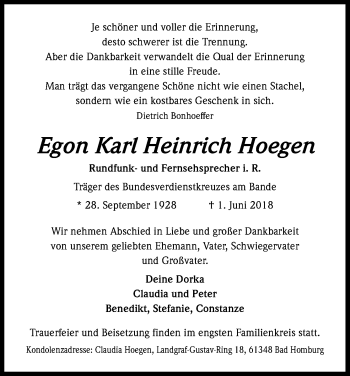 Anzeige von Egon Karl Heinrich Hoegen von Kölner Stadt-Anzeiger / Kölnische Rundschau / Express