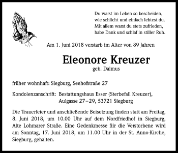 Anzeige von Eleonore Kreuzer von Kölner Stadt-Anzeiger / Kölnische Rundschau / Express