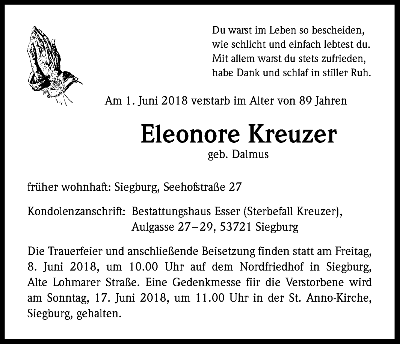  Traueranzeige für Eleonore Kreuzer vom 06.06.2018 aus Kölner Stadt-Anzeiger / Kölnische Rundschau / Express