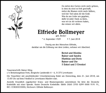 Anzeige von Elfriede Bollmeyer von Kölner Stadt-Anzeiger / Kölnische Rundschau / Express