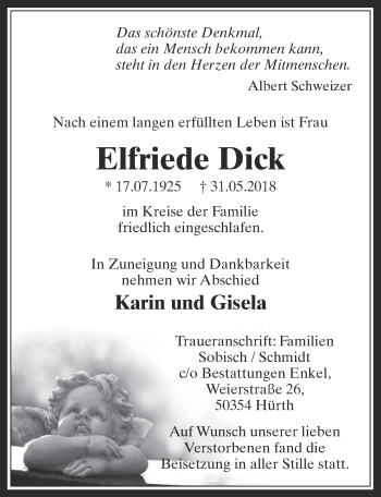 Anzeige von Elfriede Dick von  Wochenende 