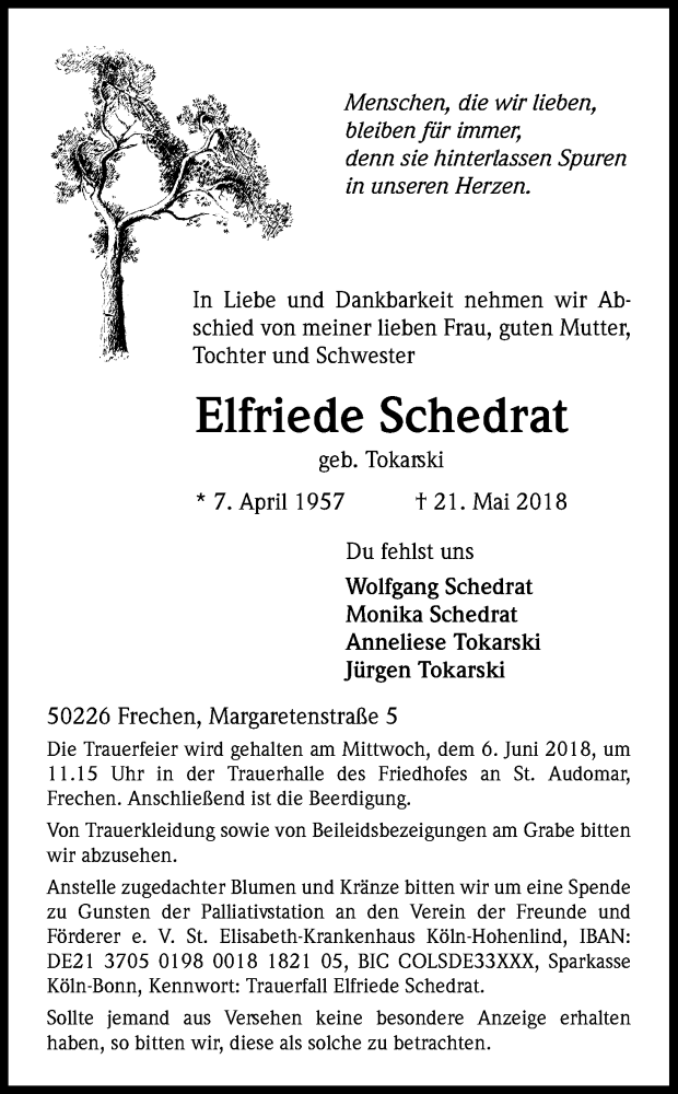  Traueranzeige für Elfriede Schedrat vom 02.06.2018 aus Kölner Stadt-Anzeiger / Kölnische Rundschau / Express