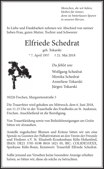 Anzeige von Elfriede Schedrat von  Sonntags-Post 