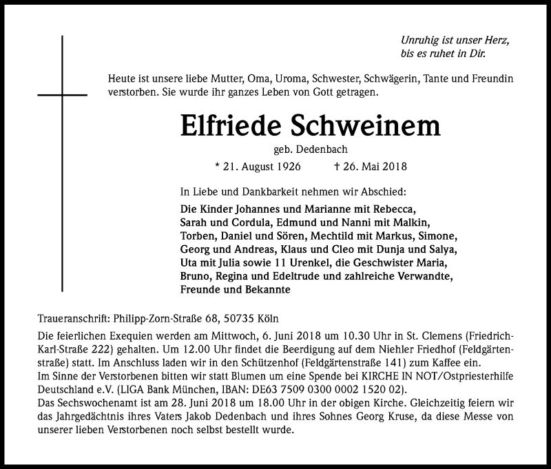  Traueranzeige für Elfriede Schweinem vom 02.06.2018 aus Kölner Stadt-Anzeiger / Kölnische Rundschau / Express