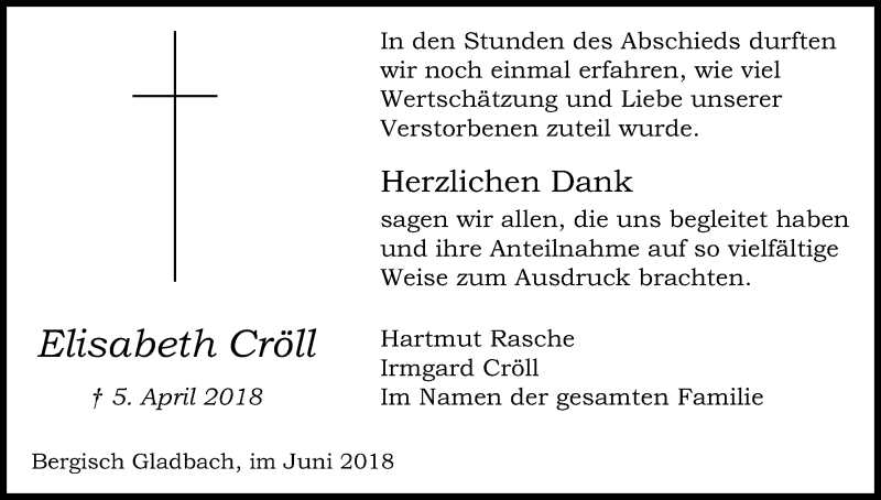  Traueranzeige für Elisabeth Cröll vom 02.06.2018 aus Kölner Stadt-Anzeiger / Kölnische Rundschau / Express