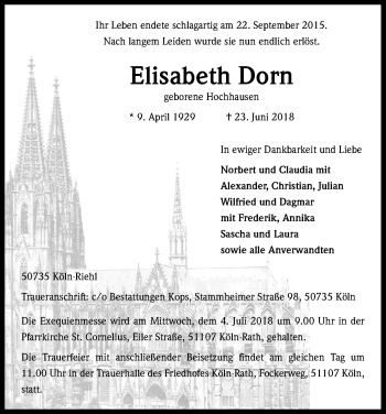 Anzeige von Elisabeth Dorn von Kölner Stadt-Anzeiger / Kölnische Rundschau / Express