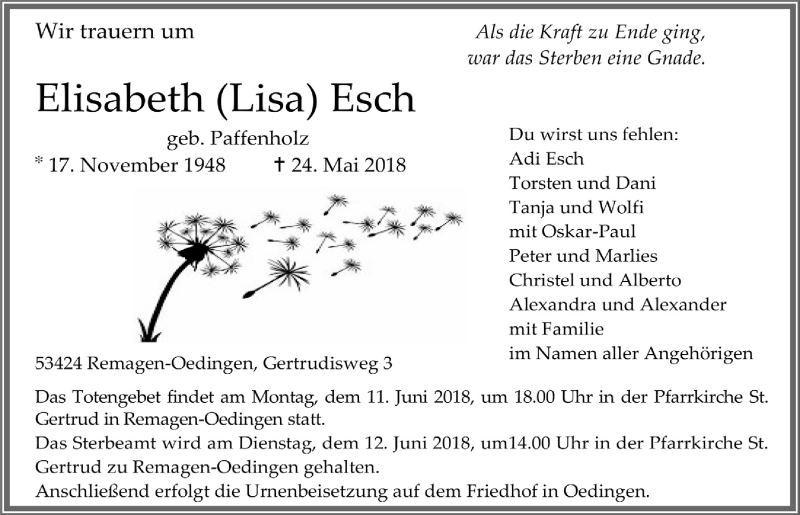  Traueranzeige für Elisabeth  Esch vom 02.06.2018 aus  Schaufenster/Blickpunkt am Wochenende 