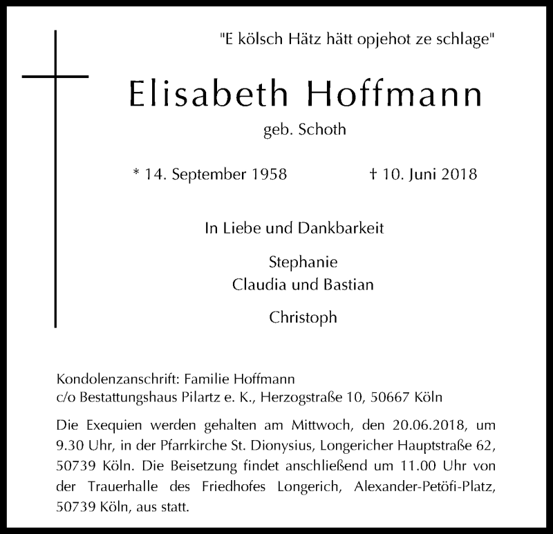  Traueranzeige für Elisabeth Hoffmann vom 16.06.2018 aus Kölner Stadt-Anzeiger / Kölnische Rundschau / Express