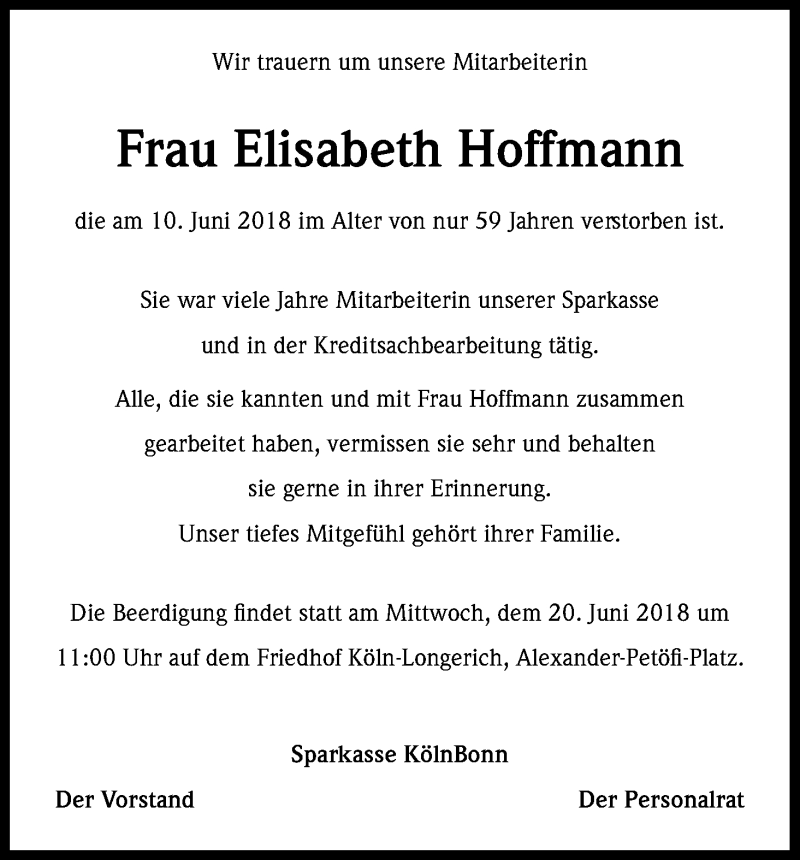  Traueranzeige für Elisabeth Hoffmann vom 18.06.2018 aus Kölner Stadt-Anzeiger / Kölnische Rundschau / Express