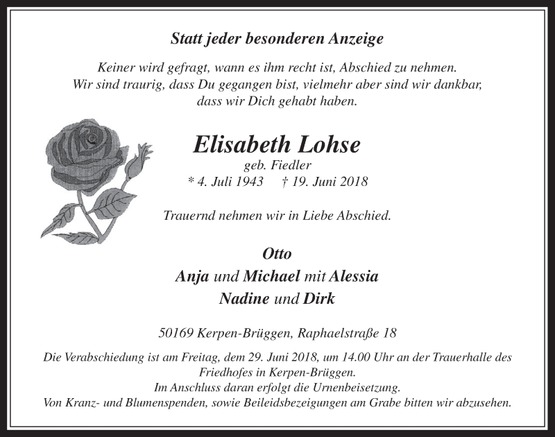  Traueranzeige für Elisabeth Lohse vom 27.06.2018 aus  Werbepost 