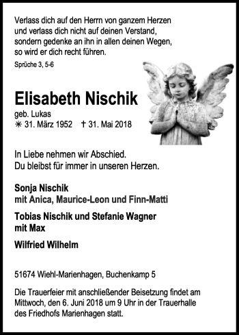 Anzeige von Elisabeth Nischik von Kölner Stadt-Anzeiger / Kölnische Rundschau / Express