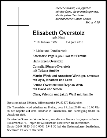Anzeige von Elisabeth Overstolz von Kölner Stadt-Anzeiger / Kölnische Rundschau / Express