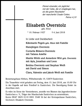 Anzeige von Elisabeth Overstolz von Kölner Stadt-Anzeiger / Kölnische Rundschau / Express