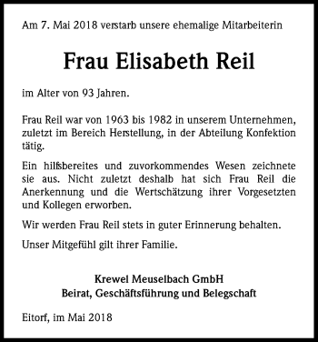 Anzeige von Elisabeth Reil von Kölner Stadt-Anzeiger / Kölnische Rundschau / Express