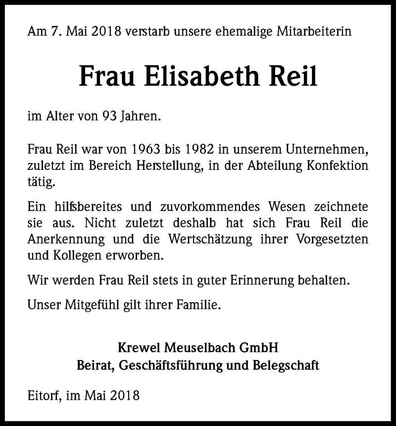  Traueranzeige für Elisabeth Reil vom 02.06.2018 aus Kölner Stadt-Anzeiger / Kölnische Rundschau / Express