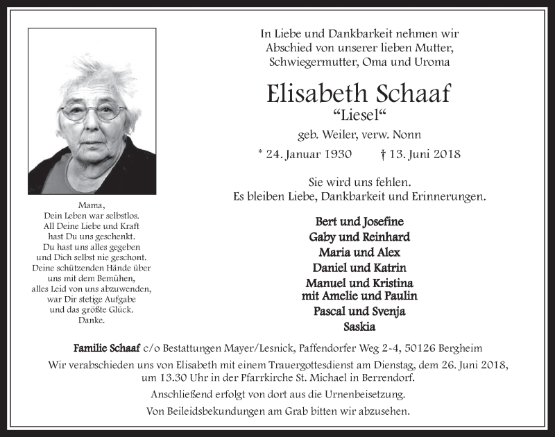 Traueranzeige für Elisabeth Schaaf vom 20.06.2018 aus  Werbepost 