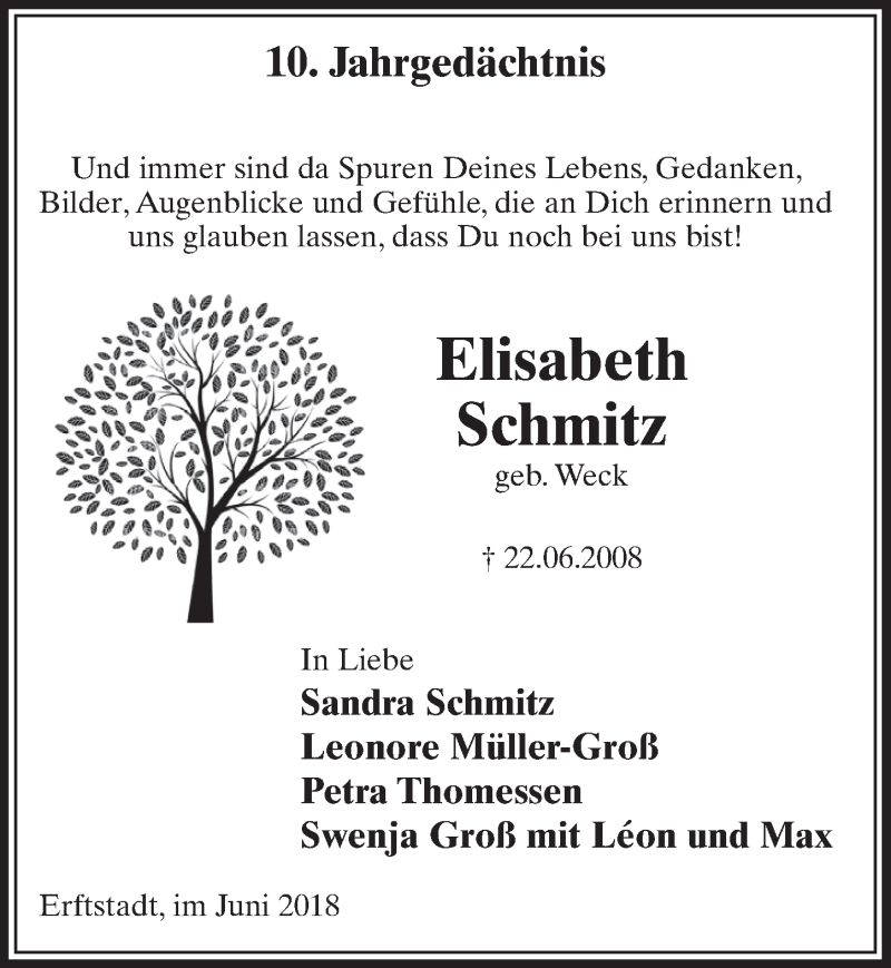  Traueranzeige für Elisabeth Schmitz vom 23.06.2018 aus  Sonntags-Post 