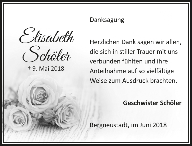  Traueranzeige für Elisabeth Schöler vom 13.06.2018 aus  Anzeigen Echo 