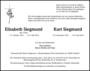 Anzeige von Elisabeth  Siegmund von Kölner Stadt-Anzeiger / Kölnische Rundschau / Express