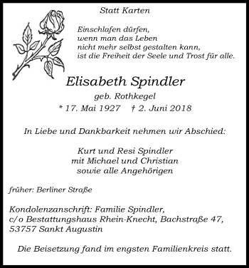 Anzeige von Elisabeth Spindler von Kölner Stadt-Anzeiger / Kölnische Rundschau / Express